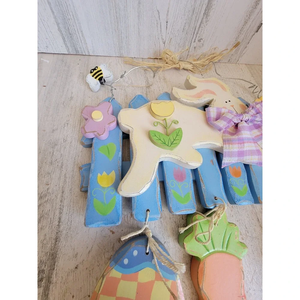 Easter bunny hop spring wooden egg wall hanging home decor flower rabbit